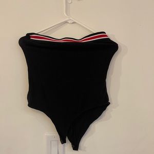 Red, White, Black stripped strapless bodysuit.